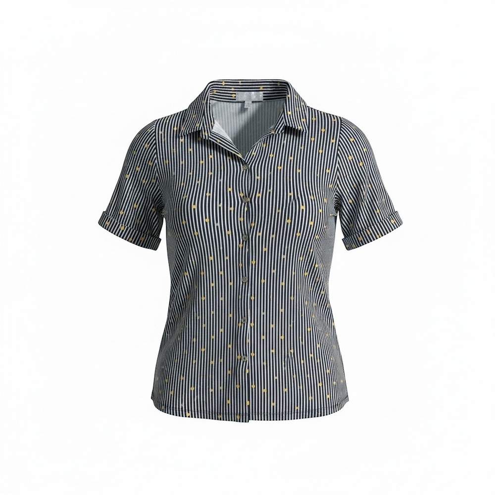 Navy Striped Short-Sleeve Button Down with Yellow Heart Detail Size XL - Picture 2 of 9